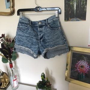 express 80’s midi high rise denim shorts